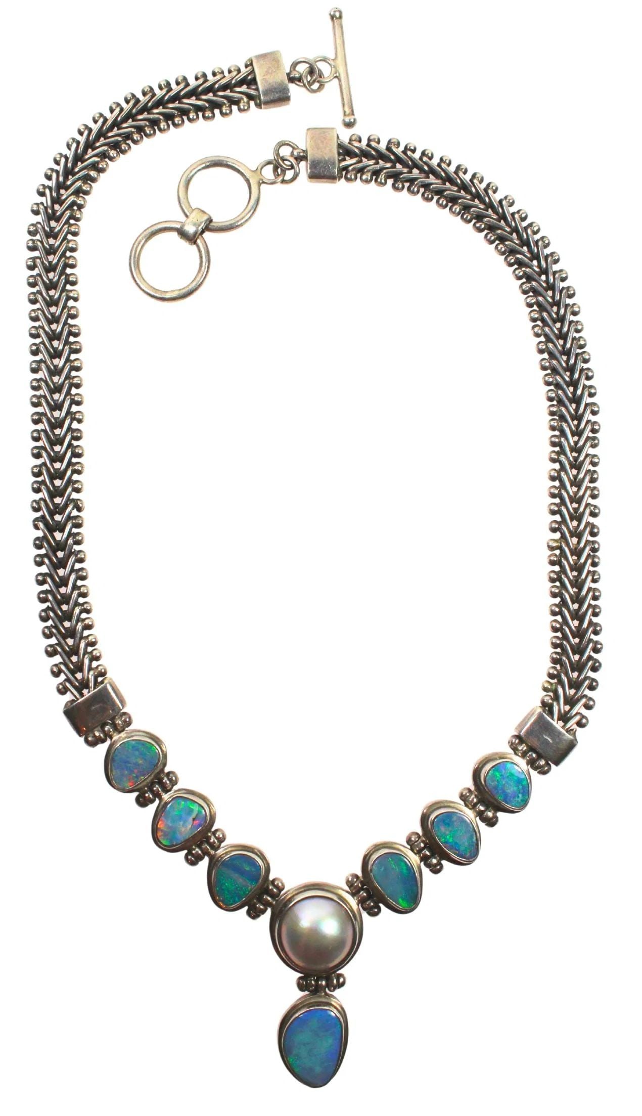 DESIGNER STERLING (925) SILVER NECKLACE WITH SEVEN SOLID BLACK OPALS WITH MABE PEARL: Designer Sterling (925) Silver Necklace with seven solid Black Opals with Mabe Pearl