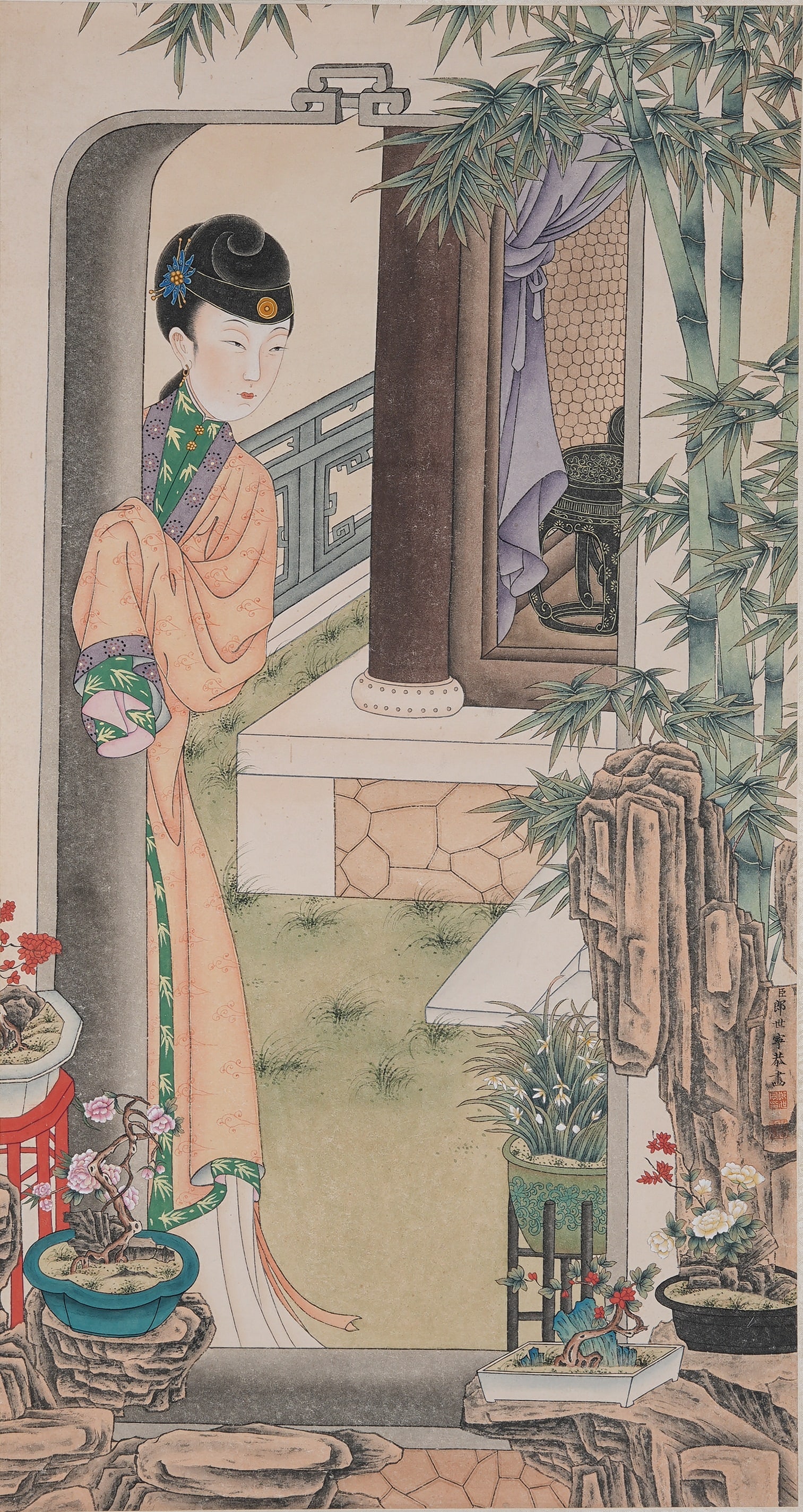 A BEAUTY PAINTING ON PAPER BY GIUSEPPE CASTIGLIONE.郎世寧: Beauty Painting on Paper by Giuseppe Castiglione.郎世寧