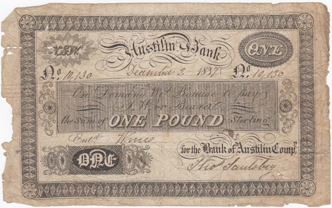 AUSTRALIA 'AUSTILIN BANK' ?1 DATED DECEMBER 2 1837, FINE (1 of 2)