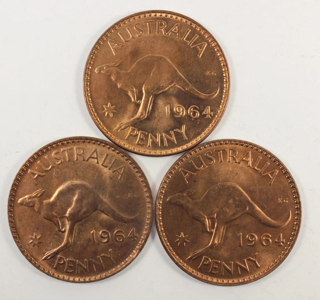 AUSTRALIA 1964 (M) PENNIES, BRILLIANT UNCIRCULATED (3 COINS) (1 of 2)