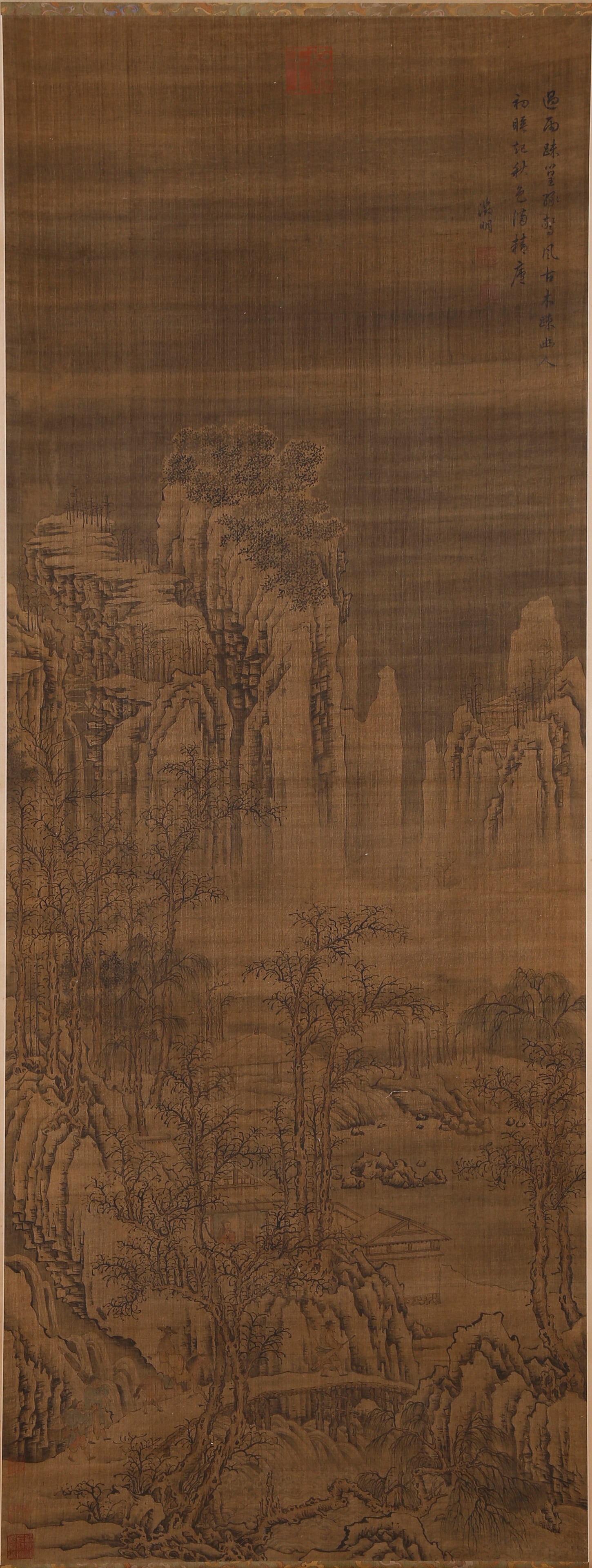 A LANDSCAPE PAINTING ON SILK BY WEN ZHENGMING.文徵明 (1 of 10)