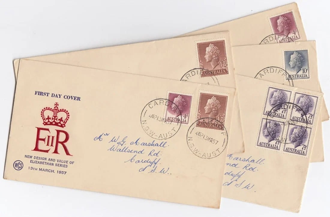 AUSTRALIA 1955 - 57 FIRST DAY STAMP COVERS & CARD, USED (6 DIFFERENT) (1 of 4)