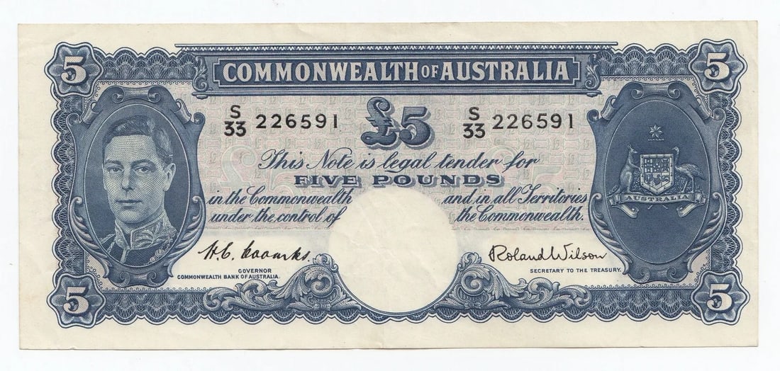 AUSTRALIA 'COOMBS - WILSON' ?5 (1952), GOOD VERY FINE OPQ: Australia 'Coombs - Wilson' ?5 (1952), good Very Fine OPQ
