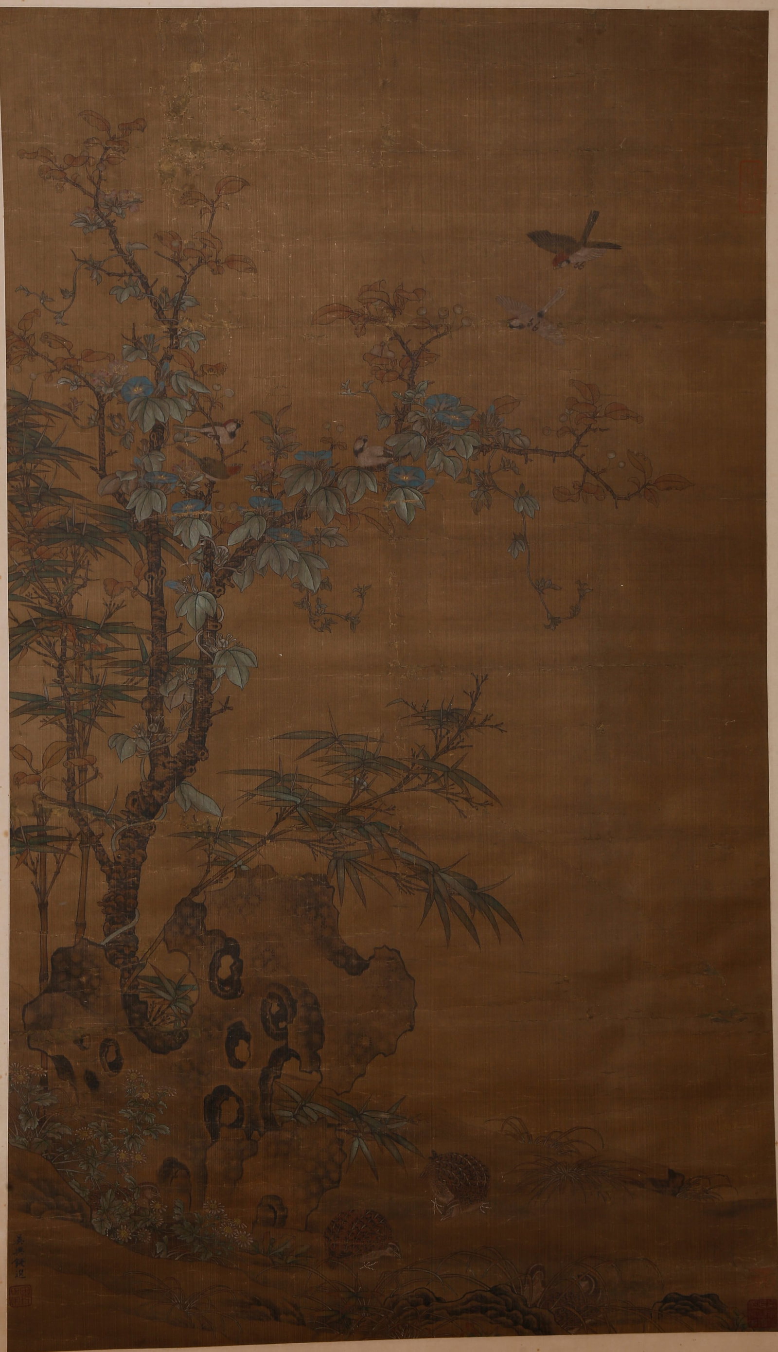 A ROCKERY, FLOWER AND BIRD PAINTING ON SILK BY QIAN XUAN.錢選: Rockery, Flower and Bird Painting on Silk by Qian Xuan.錢選
