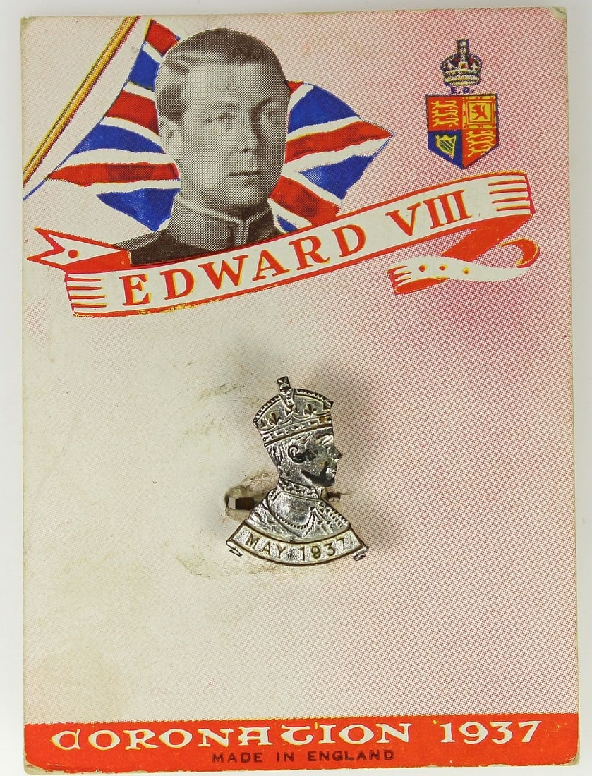GREAT BRITAIN 1937 - DATED SOUVENIR LAPEL PIN FOR THE 'CORONATION OF EDWARD VIII' ON ORIGINAL CARD: Great Britain 1937 - dated Souvenir Lapel Pin for the 'Coronation of Edward VIII' on original Card
