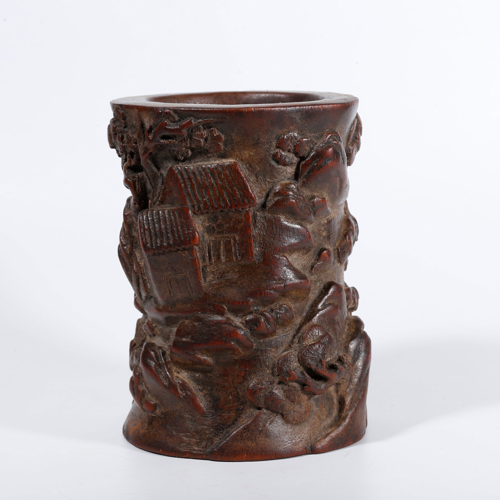 A BRUSH POT CARVED WITH LANDSCAPE AND PINE PATTERNS OF AGARWOOD (1 of 9)