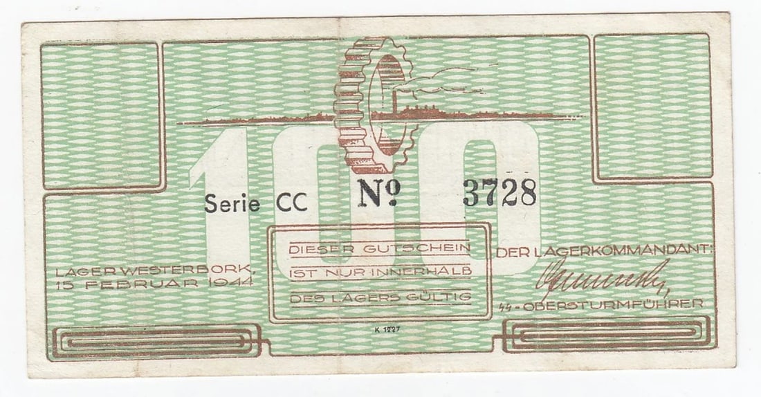 WWII - WESTERBORK (NETHERLANDS) 1944 CONCENTRATION CAMP 100 CENTS, GOOD EXTREMELY FINE: WWII - Westerbork (Netherlands) 1944 Concentration Camp 100 Cents, good extremely Fine