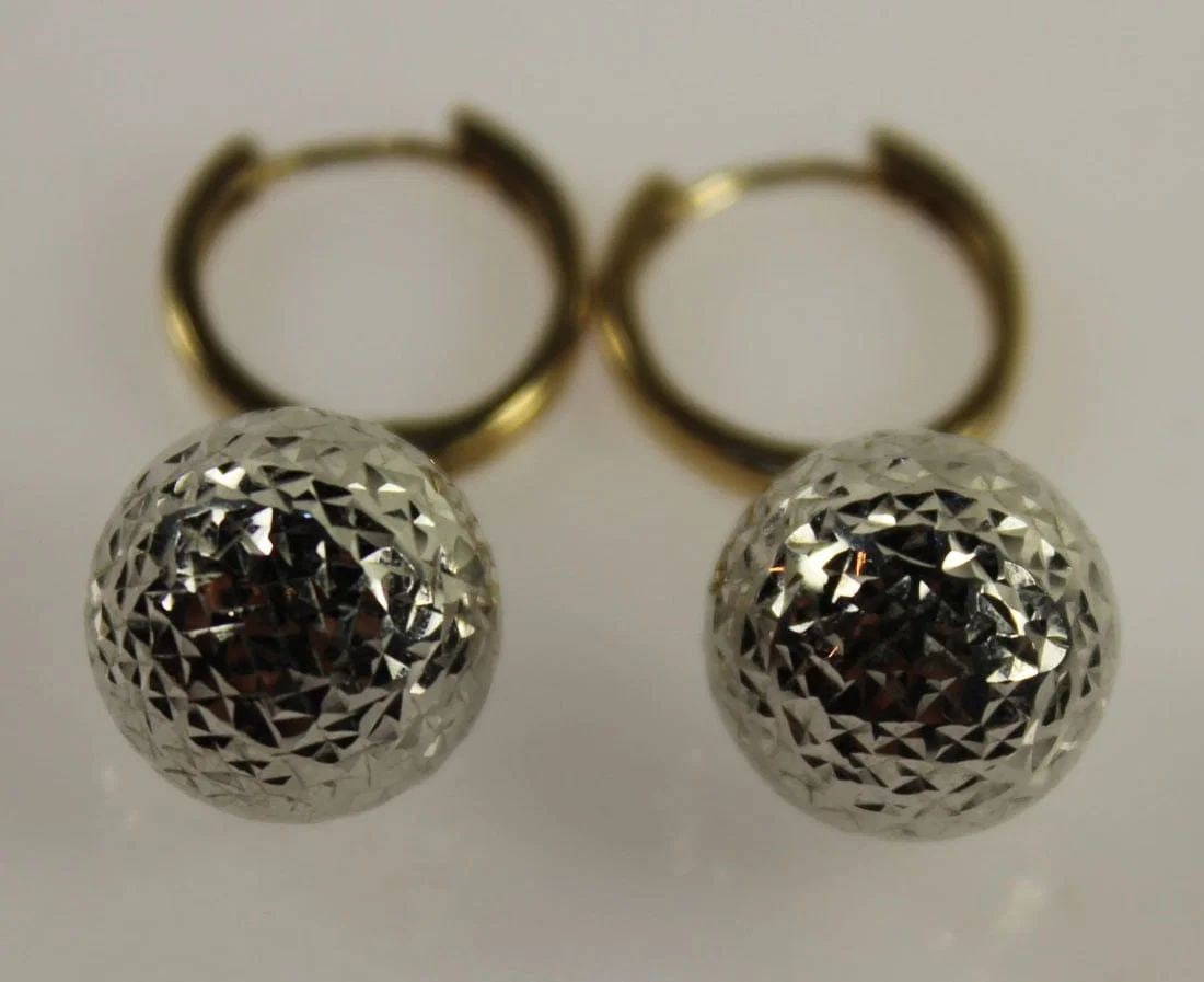 DISCO BALL BAUBLE EARRINGS IN WHITE & YELLOW 9CT GOLD (PAIR): Disco Ball Bauble Earrings in White & Yellow 9ct Gold (Pair)