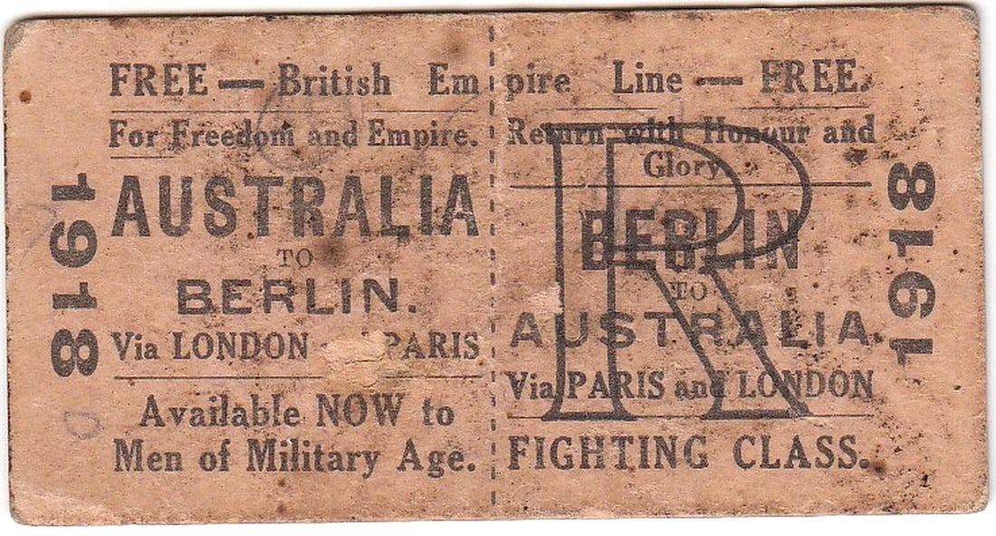 WWI - AUSTRALIA 1918 PROPAGANDA 'FIGHTING CLASS' TRAIN TICKET (1 of 2)