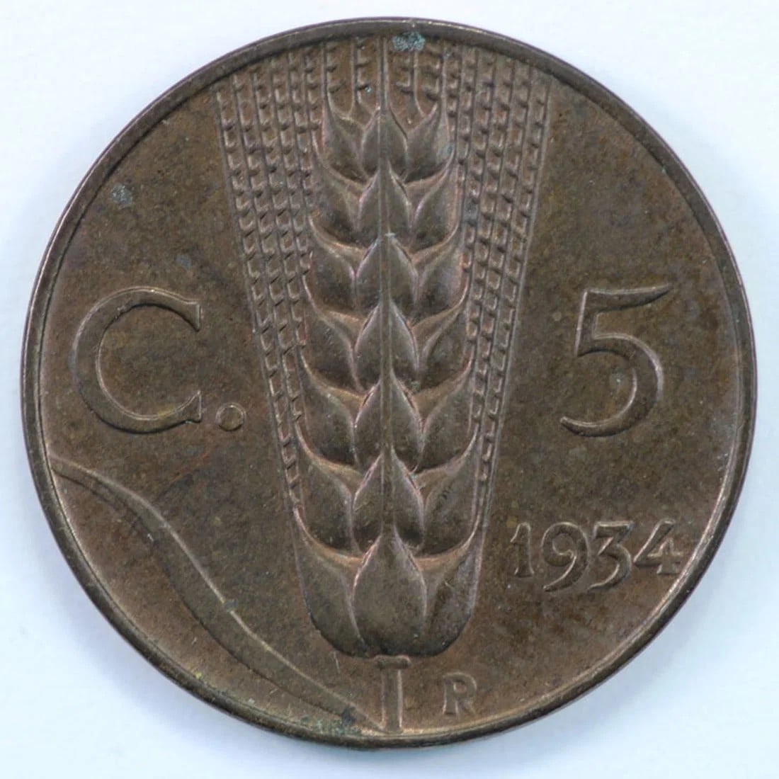 ITALY 1934 R 5 CENTESIMI, CHOICE UNCIRCULATED WITH DEEP LUSTRE: Italy 1934 R 5 Centesimi, Choice Uncirculated with deep lustre