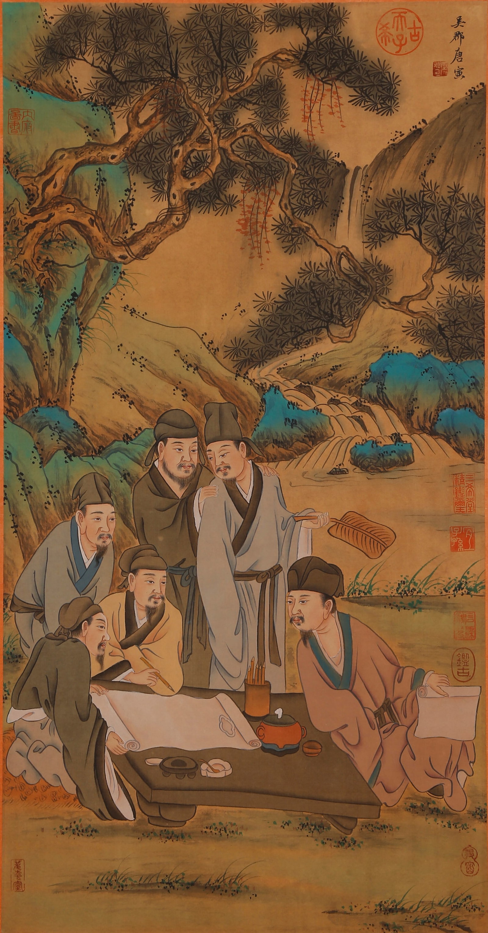 A GATHERING OF ELEGANT SCHOLARS PAINTING ON SILK BY TANG YIN.唐寅: Gathering of Elegant Scholars Painting on Silk by Tang Yin.唐寅