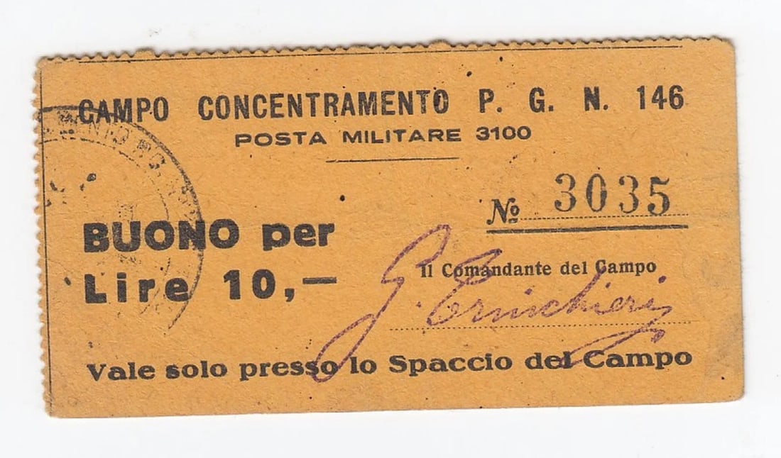 WWII - ITALY CONCENTRATION CAMP P.G.N.146 10 LIRE, ABOUT EXTREMELY FINE: WWII - Italy Concentration Camp P.G.N.146 10 Lire, about Extremely Fine
