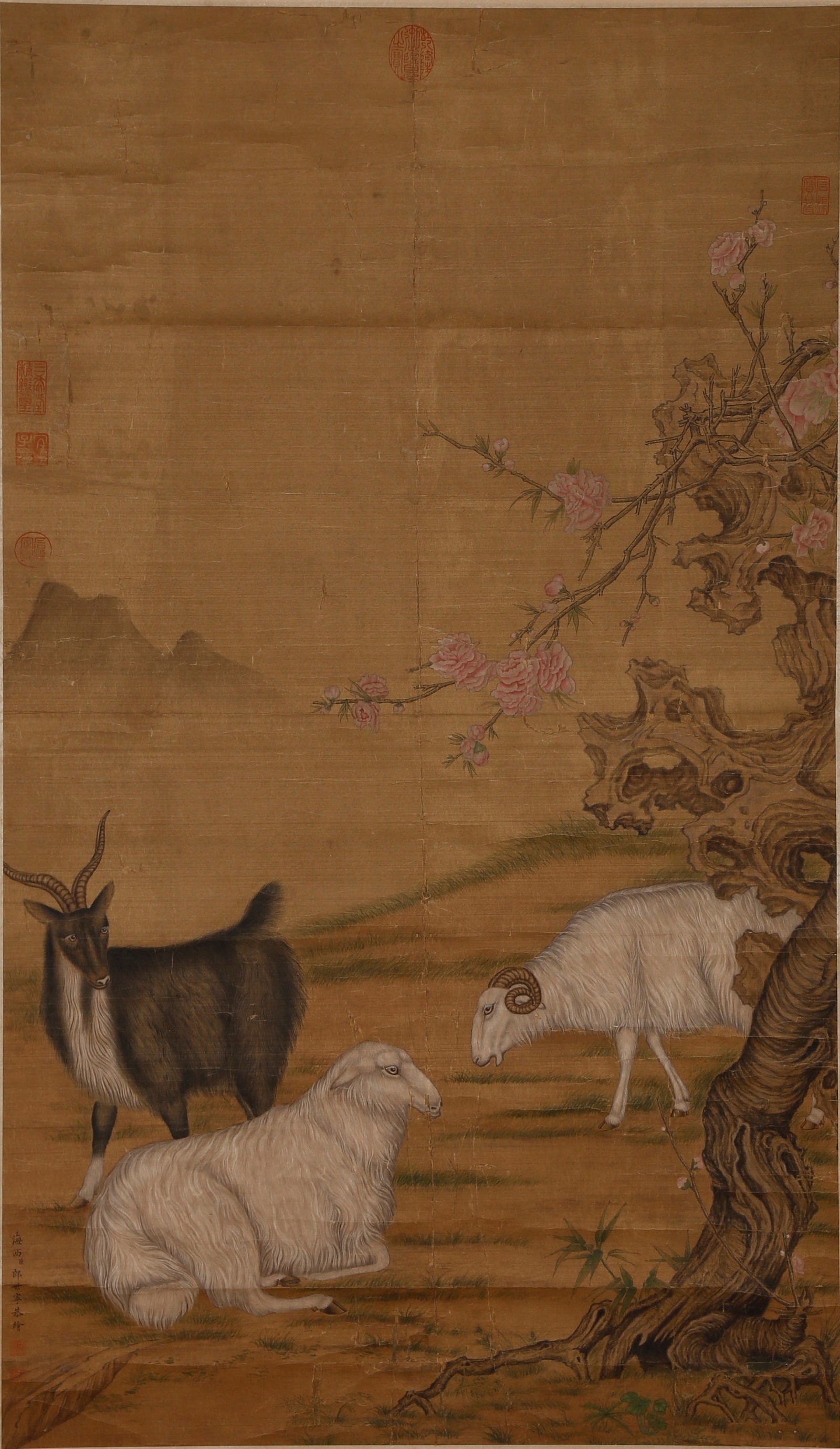 A THREE RAMS BRINGING BLISS PAINTING ON SILK BY GIUSEPPE CASTIGLIONE.郎世寧 (1 of 11)
