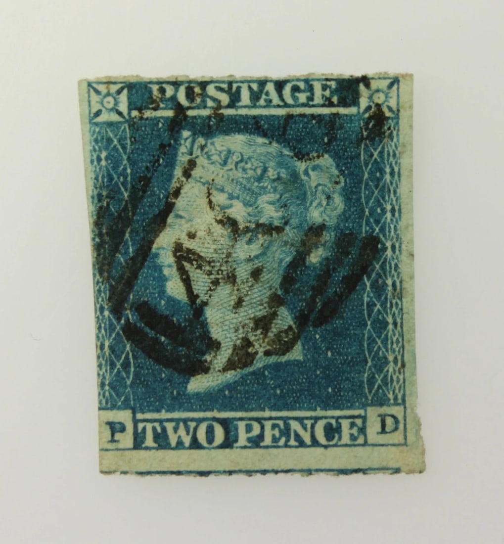 GREAT BRITAIN 1840 TWOPENCE BLUE (PD) PLATE 4, 3? MARGINS, IMPERF, USED: Great Britain 1840 Twopence Blue (PD) Plate 4, 3? margins, Imperf, Used
