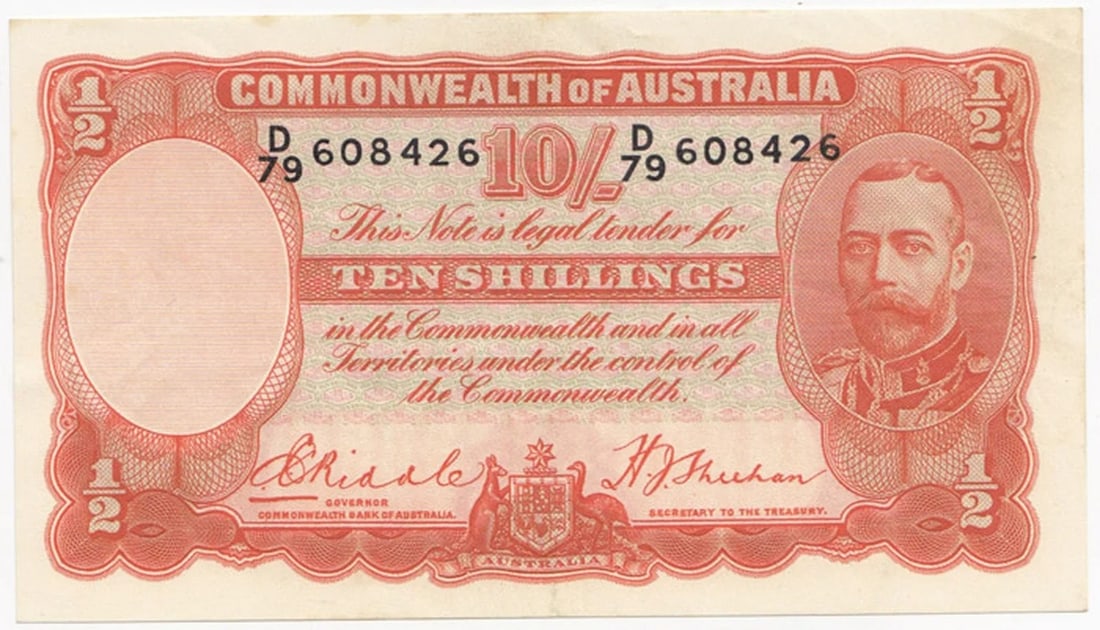 AUSTRALIA 'RIDDLE - SHEEHAN' 10/- (1936), ABOUT UNCIRCULATED OPQ (1 of 2)