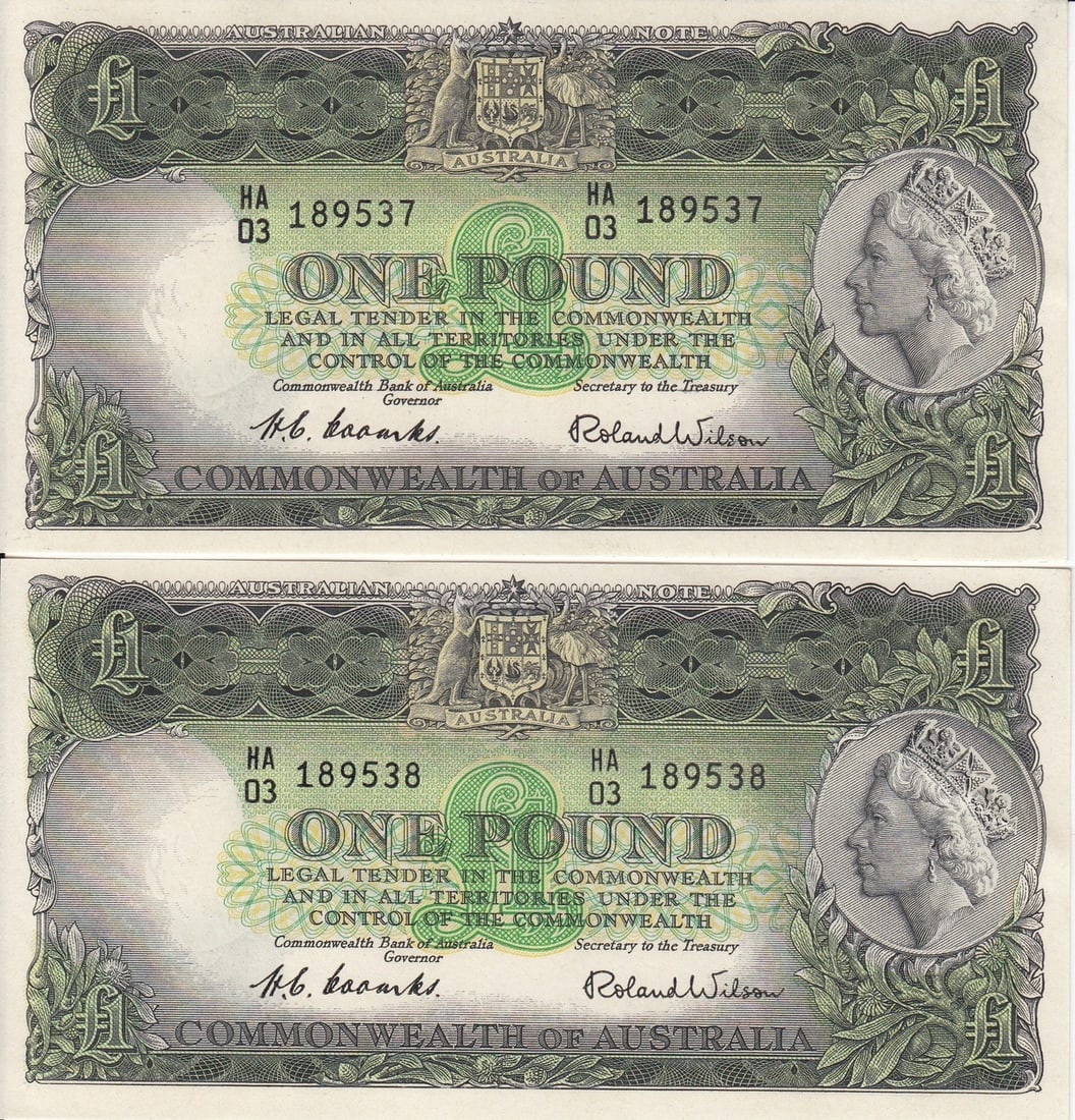 AUSTRALIA 'COOMBS - WILSON' ?1 (1953), UNCIRCULATED OPQ (CONSECUTIVE PAIR) (1 of 2)