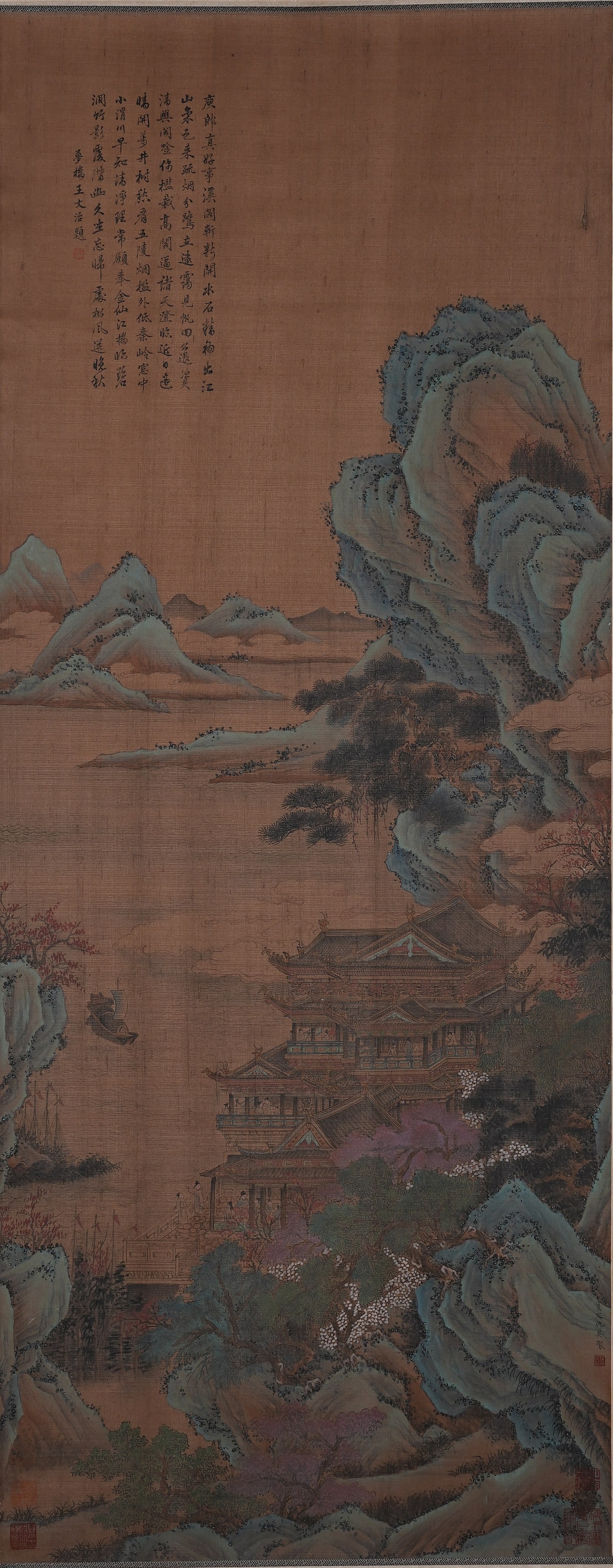 A LANDSCAPE AND PAVILION PAINTING ON SILK BY QIU YING.仇英: Landscape and Pavilion Painting on Silk by Qiu Ying.仇英