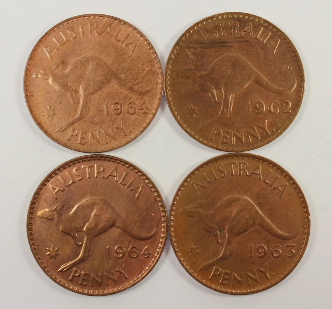 AUSTRALIA 1962 Y. (P) 1963 Y.(P), 1964 Y. (P) & 1964 (M) PENNIES, LUSTROUS UNCIRCULATED (4 COINS): Australia 1962 Y. (P) 1963 Y.(P), 1964 Y. (P) & 1964 (M) Pennies, Lustrous Uncirculated (4 coins)