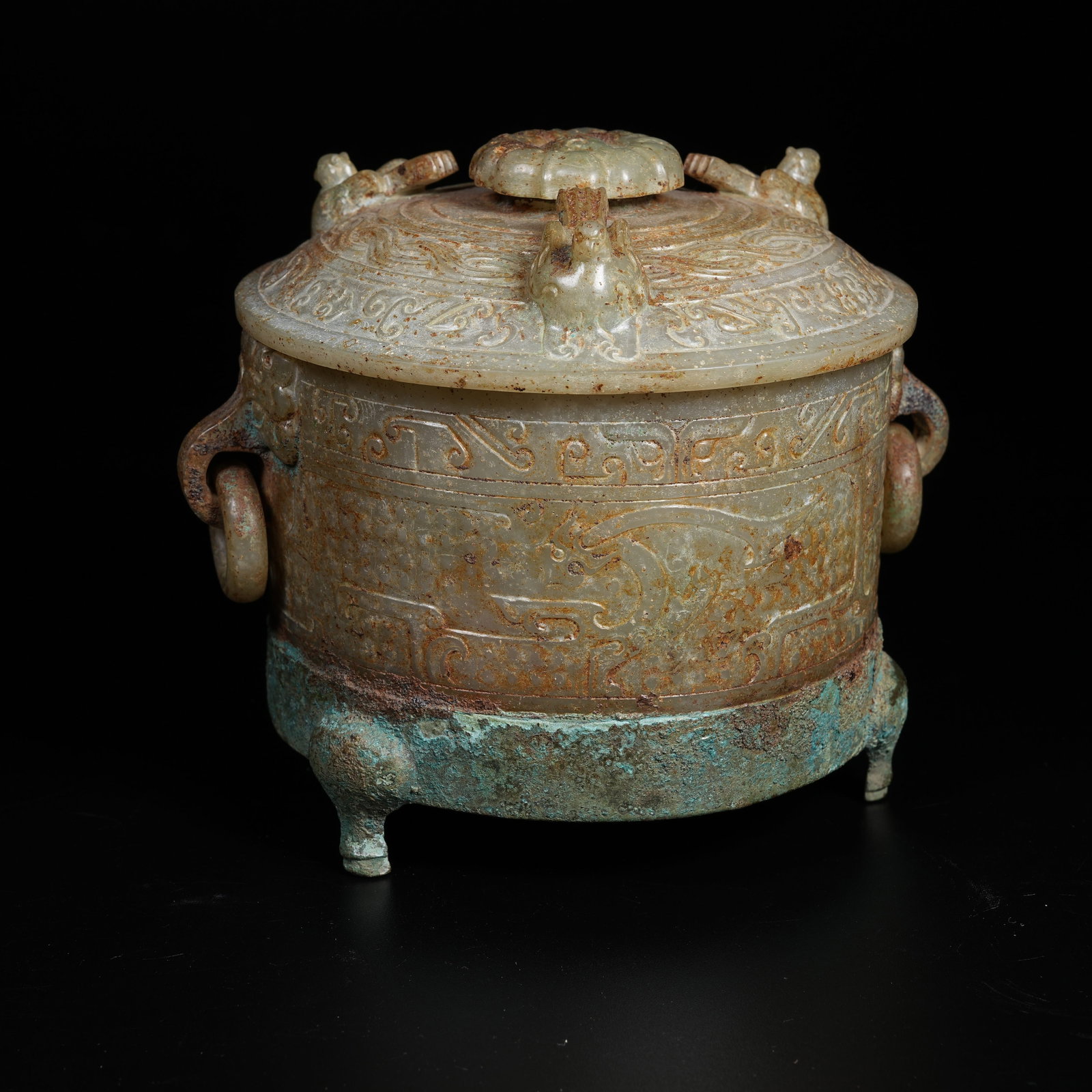 A ANCIENT JADE COVERED CENSER WITH DRAGON PHOENIX BEAST HEAD HANDLES: Ancient Jade Covered Censer with Dragon Phoenix Beast Head Handles