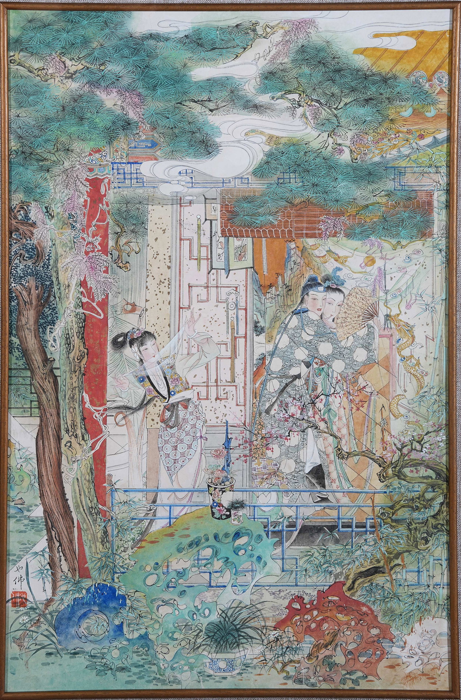 A FRAMED ROMANCE OF THE WEST CHAMBER PAINTING ON PAPER BY HU YEFO.胡也佛: Framed Romance of the West Chamber Painting on Paper by Hu Yefo.胡也佛