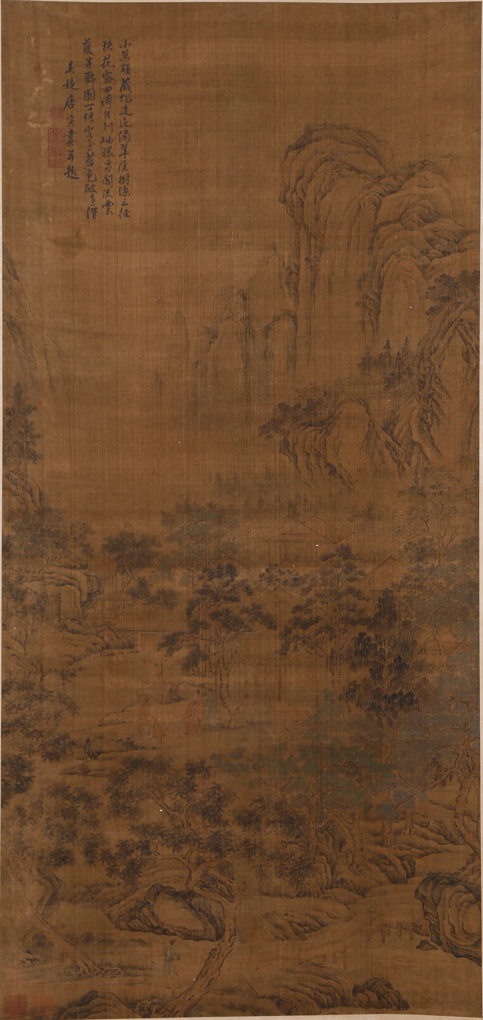 A LANDSCAPE PAINTING ON SILK BY TANG YIN.唐寅: Landscape Painting on Silk by Tang Yin.唐寅