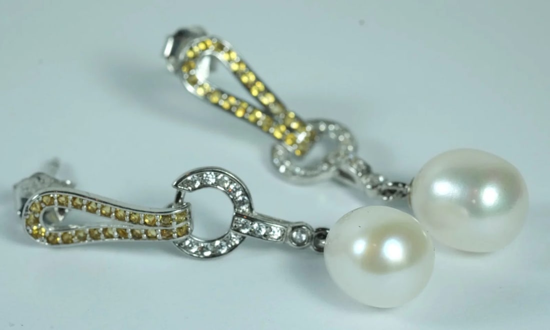 BAROQUE PEARL DANGLE STUD EARRINGS WITH STERLING (925) SILVER CLASPS ADORNED WITH CZ'S: Baroque Pearl Dangle Stud Earrings with Sterling (925) Silver Clasps adorned with CZ's