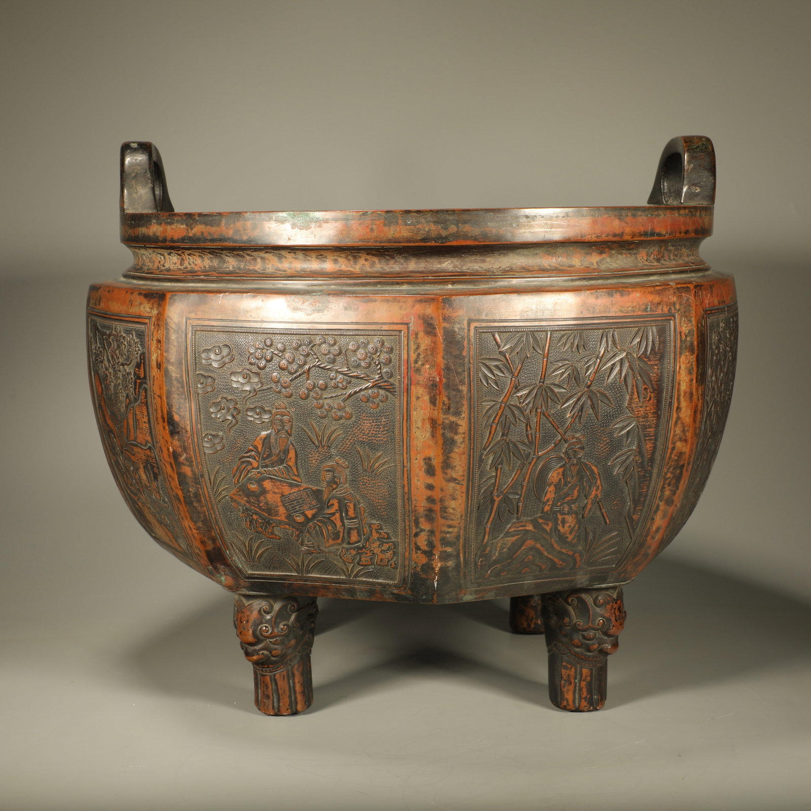 A BRONZE INCENSE BURNER CARVED WITH FIGURES (1 of 6)