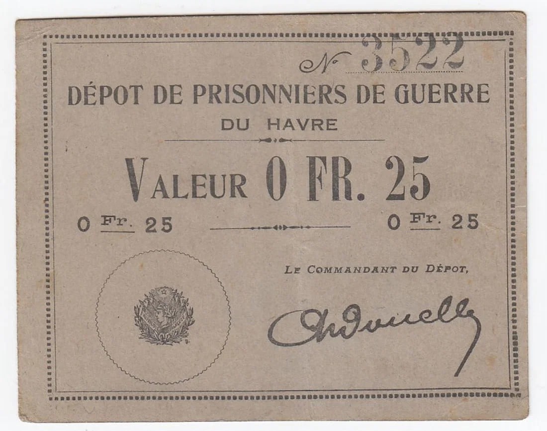 WWI - DU HAVRE (FRANCE) P(RISONER) O(F) W(AR) CAMP 50 FRANCS, GOOD EXTREMELY FINE OPQ: WWI - Du Havre (France) P(risoner) o(f) W(ar) Camp 50 Francs, good Extremely Fine OPQ