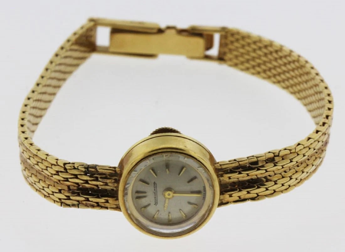 WOMEN'S JAEGER LECOULTRE MINIATURE WRIST WATCH IN 18CT GOLD WITH CUSTOM ATTACHED GOLD BAND (1 of 2)