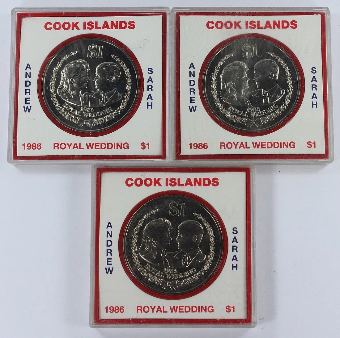 COOK ISLANDS 1986 'PRINCE ANDREW & SARAH FERGUSON' ROYAL WEDDING CU-NI CROWN, UNCIRCULATED (3 COINS): Cook Islands 1986 'Prince Andrew & Sarah Ferguson' Royal Wedding Cu-Ni Crown, Uncirculated (3 coins)