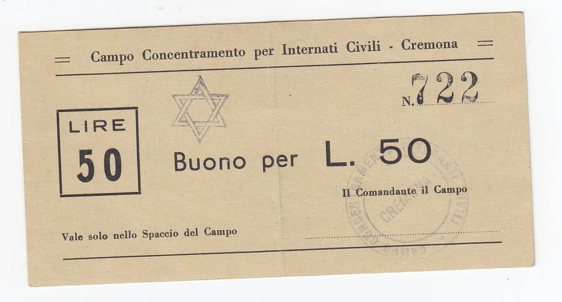 WWII - ITALY CONCENTRATION CAMP CREMONA 50 LIRE, GOOD EXTREMELY FINE WITH STAR OF DAVID: WWII - Italy Concentration Camp Cremona 50 Lire, good Extremely Fine with Star of David