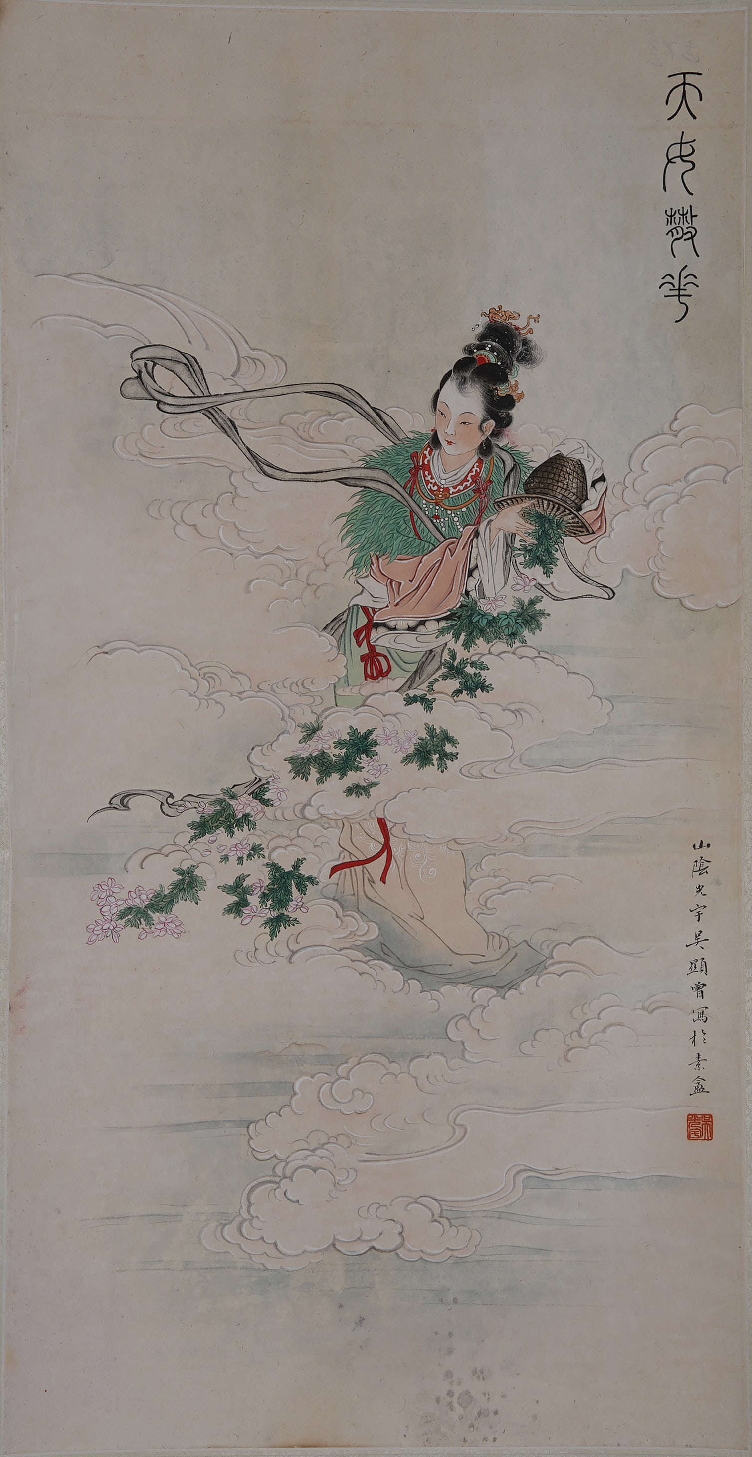 A PAINTING OF HEAVENLY MAID SCATTERING FLOWERS ON PAPER BY WU GUANGYU.吳光宇 (1 of 8)