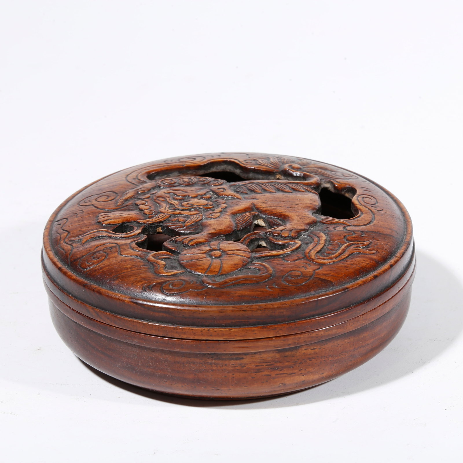 A HUANGHUALI WOOD CARVED INCENSE BURNER WITH LION AND HYDRANGEA BALL PATTERN (1 of 9)