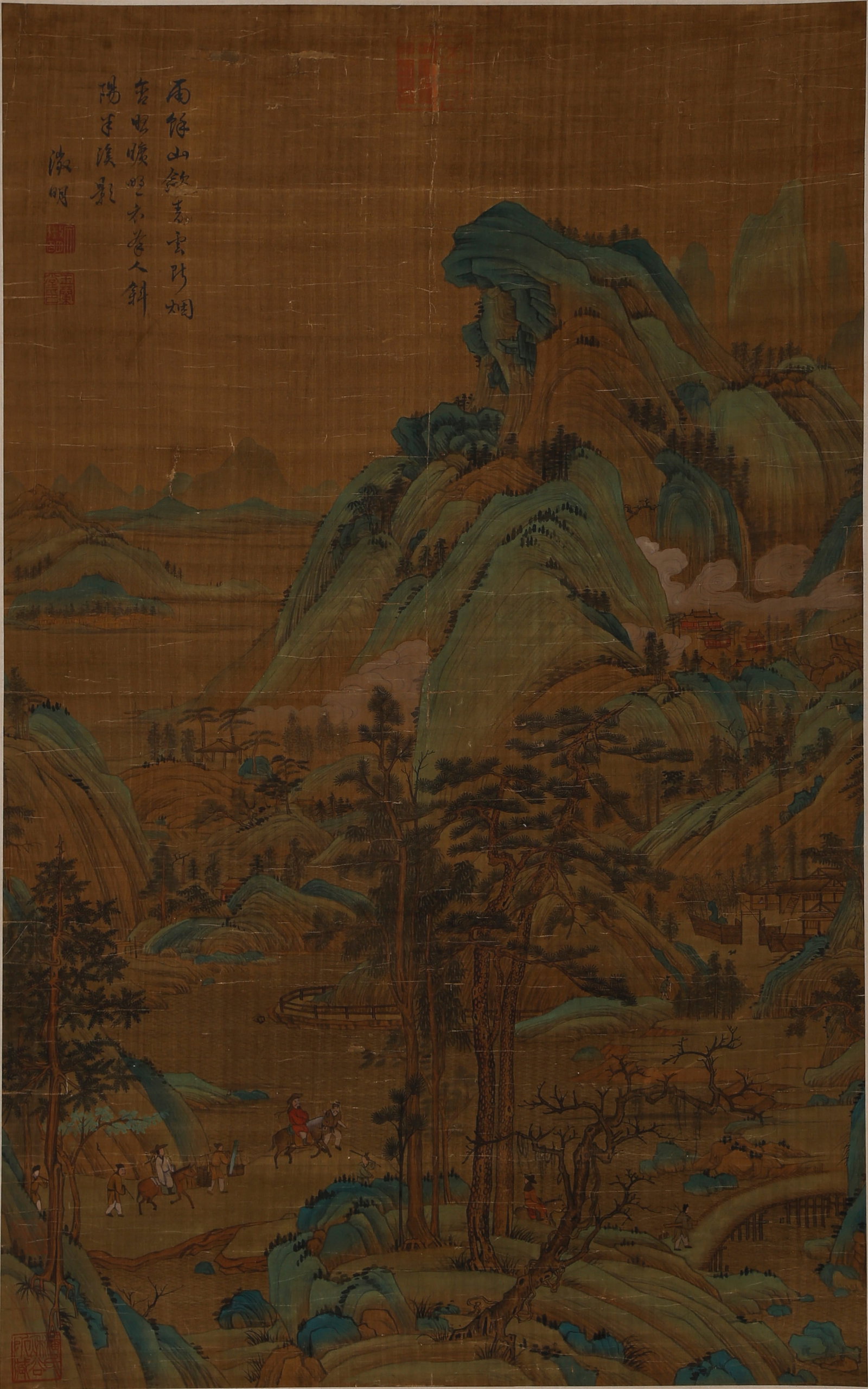 A LANDSCAPE PAINTING ON SILK BY WEN ZHENGMING.文徵明: Landscape Painting on Silk by Wen Zhengming.文徵明