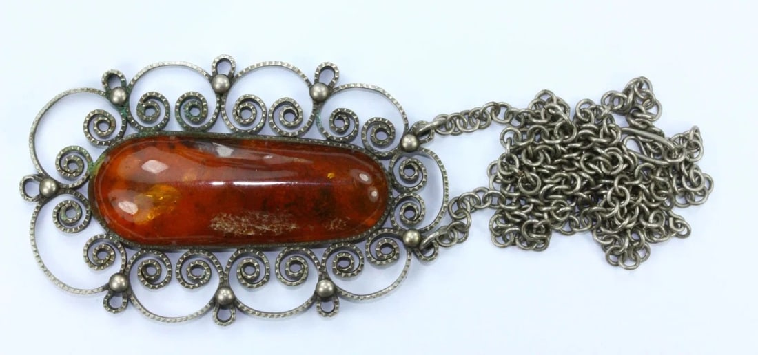ANTIQUE NATURAL HONEY AMBER CABOCHON PENDANT ON CU-NI MOUNT & CHAIN: Antique Natural Honey Amber Cabochon Pendant on Cu-Ni Mount & Chain