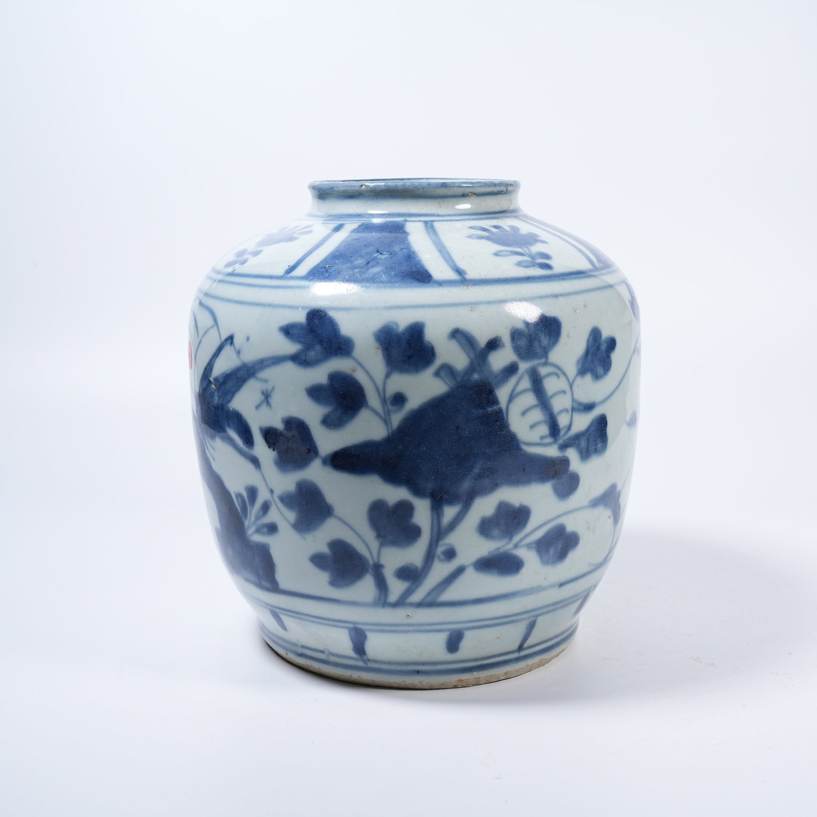 A BLUE AND WHITE JAR WITH FLOWER AND INSECT PATTERNS: Blue and White Jar with Flower and Insect Patterns