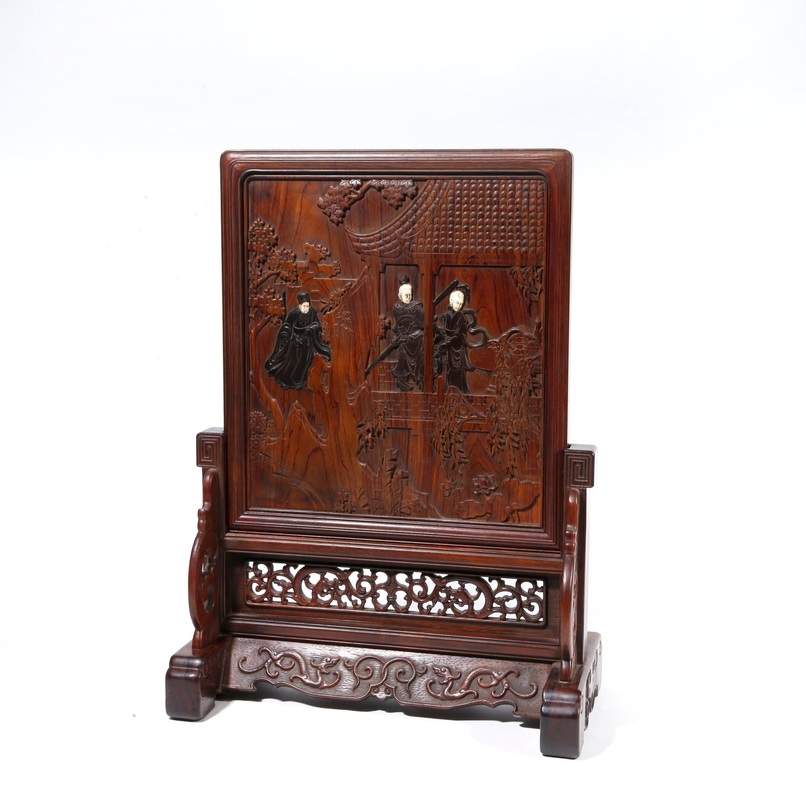 A HUANGHUALI WOOD CARVED SCREEN WITH FIGURE STORY PATTERN: Huanghuali Wood Carved Screen with Figure Story Pattern