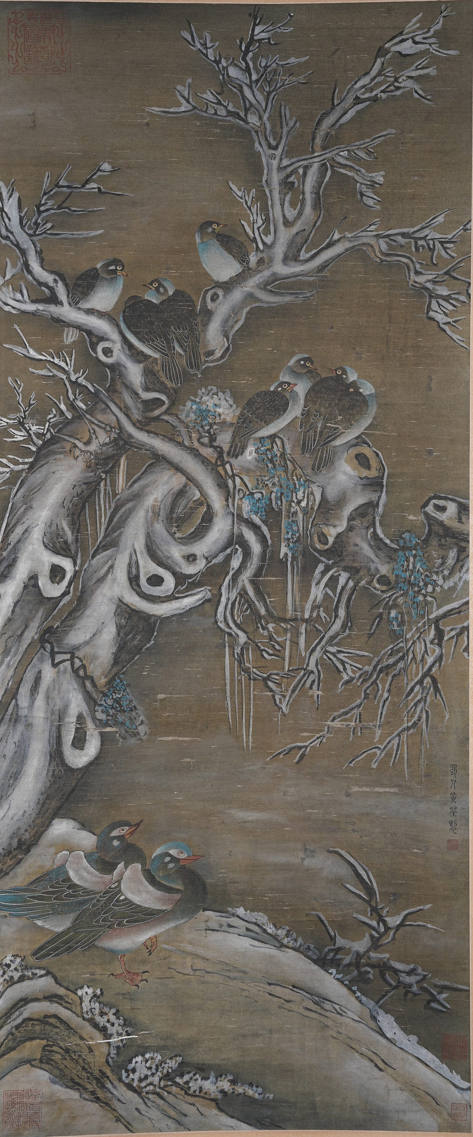 A SNOW BIRD PAINTING ON SILK BY HUANG QUAN.黃荃: Snow Bird Painting on Silk by Huang Quan.黃荃