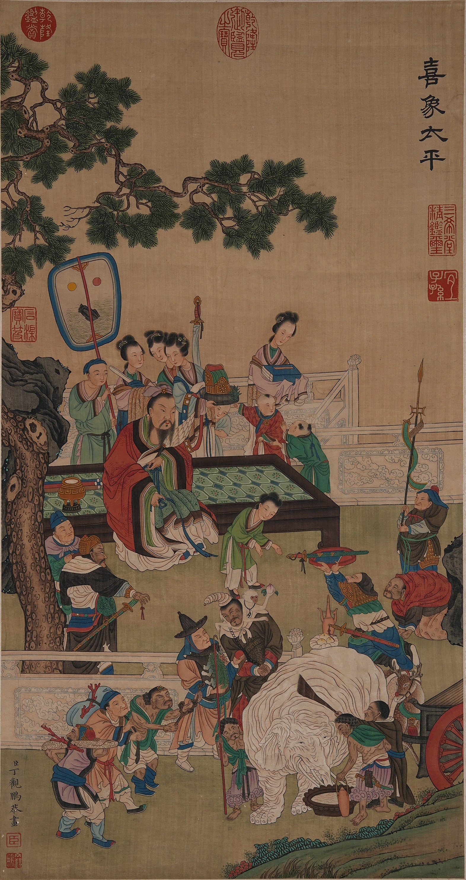 A PAINTING OF AUSPICIOUS ELEPHANTS SYMBOLIZING PEACE ON SILK BY DING GUANPENG.丁觀: Painting of Auspicious Elephants Symbolizing Peace on Silk by Ding Guanpeng.丁觀鵬