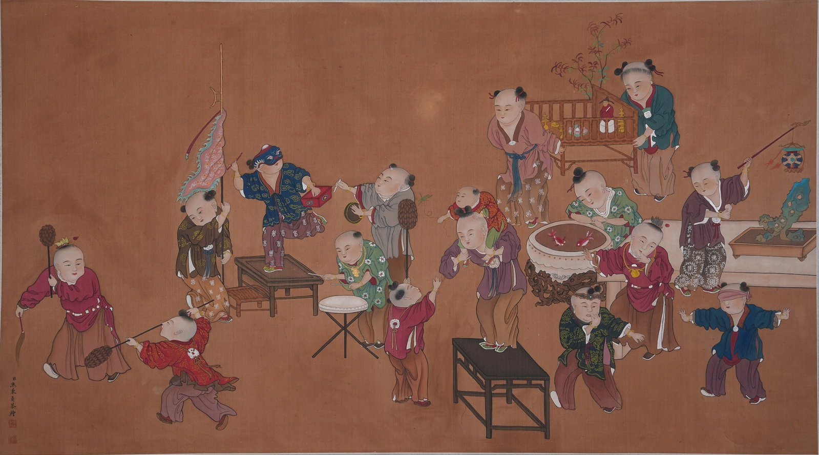 A CHILDREN AT PLAY PAINTING ON SILK UNMOUNTED BY JIAO BINGZHEN.焦秉貞: Children at Play Painting on Silk Unmounted by Jiao Bingzhen.焦秉貞