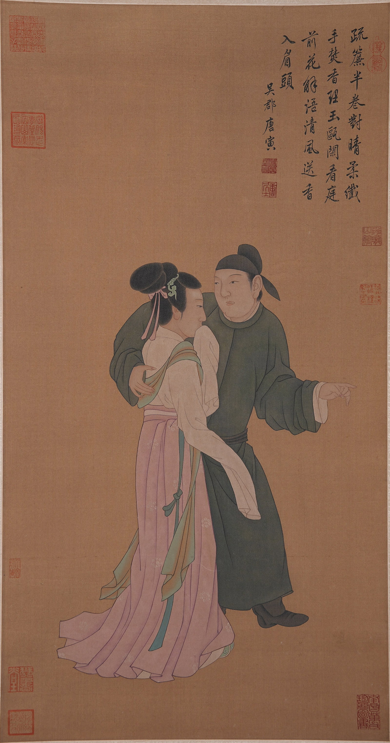 A NARRATIVE FIGURE PAINTING ON SILK BY TANG YIN.唐寅: Narrative Figure Painting on Silk by Tang Yin.唐寅