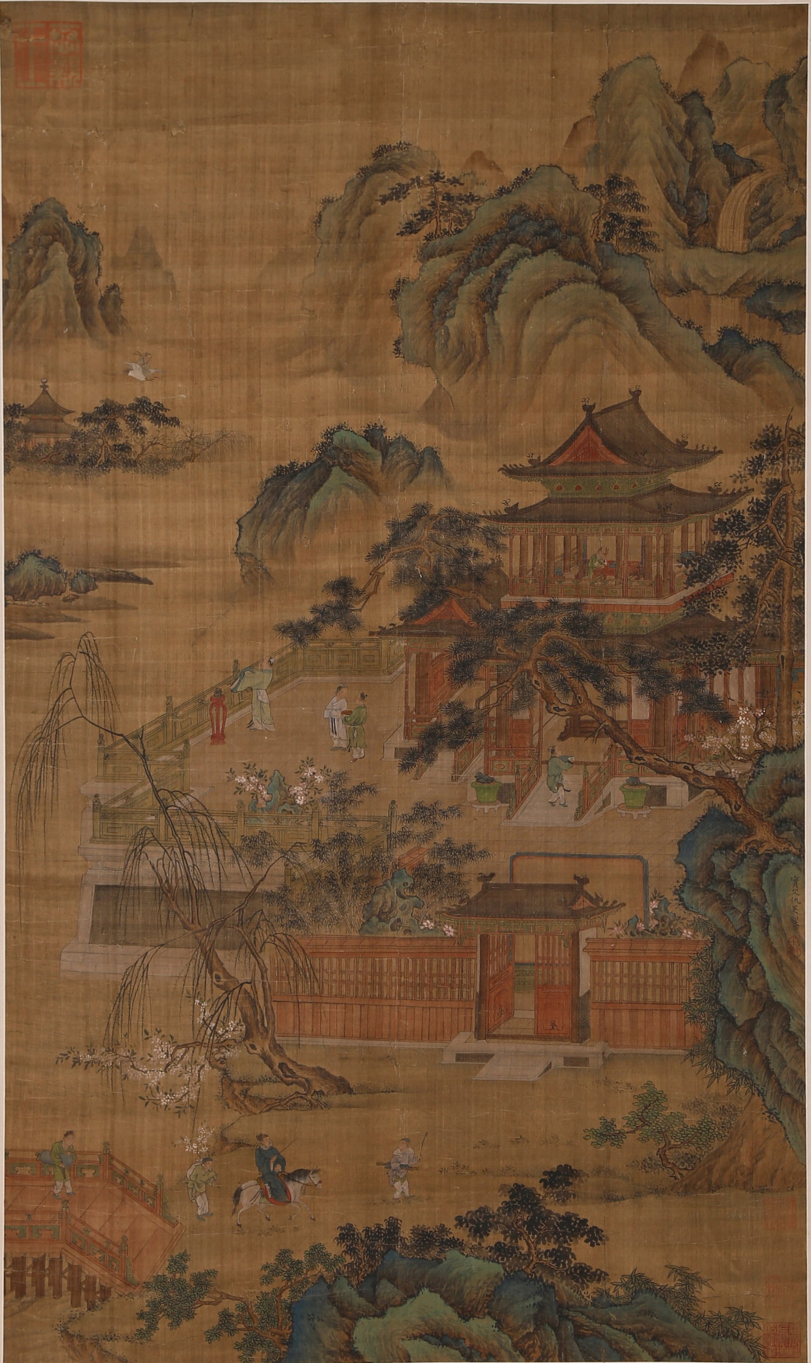 A LANDSCAPE AND PAVILION PAINTING ON SILK BY QIU YING.仇英: Landscape and Pavilion Painting on Silk by Qiu Ying.仇英