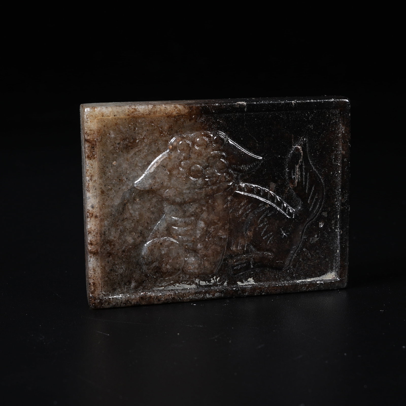 A MEDIEVAL JADE BELT ORNAMENT WITH LION ROLLING SILK BALL PATTERN (1 of 6)