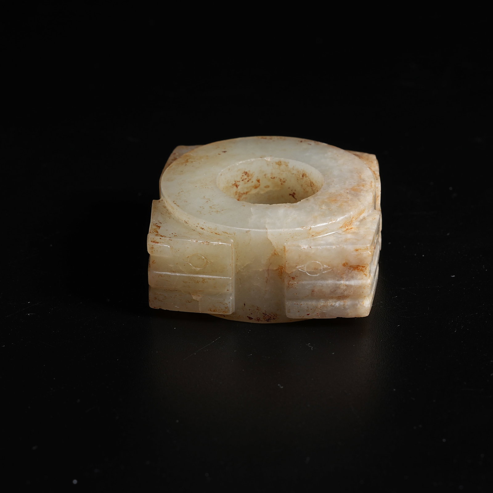 A ANCIENT JADE CONG WITH DEITY MASK MOTIFS: Ancient Jade Cong with Deity Mask Motifs