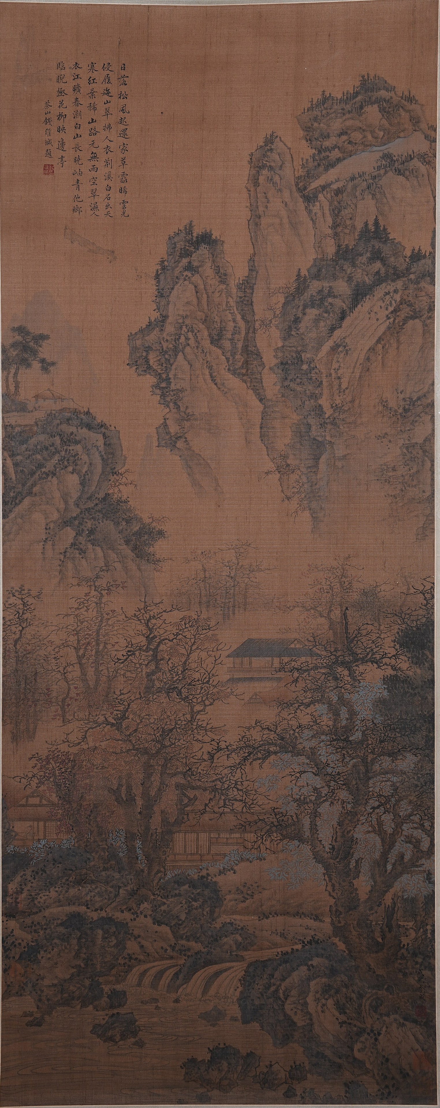 A LANDSCAPE AND PAVILION PAINTING ON SILK BY LI CHENG.李成: Landscape and Pavilion Painting on Silk by Li Cheng.李成