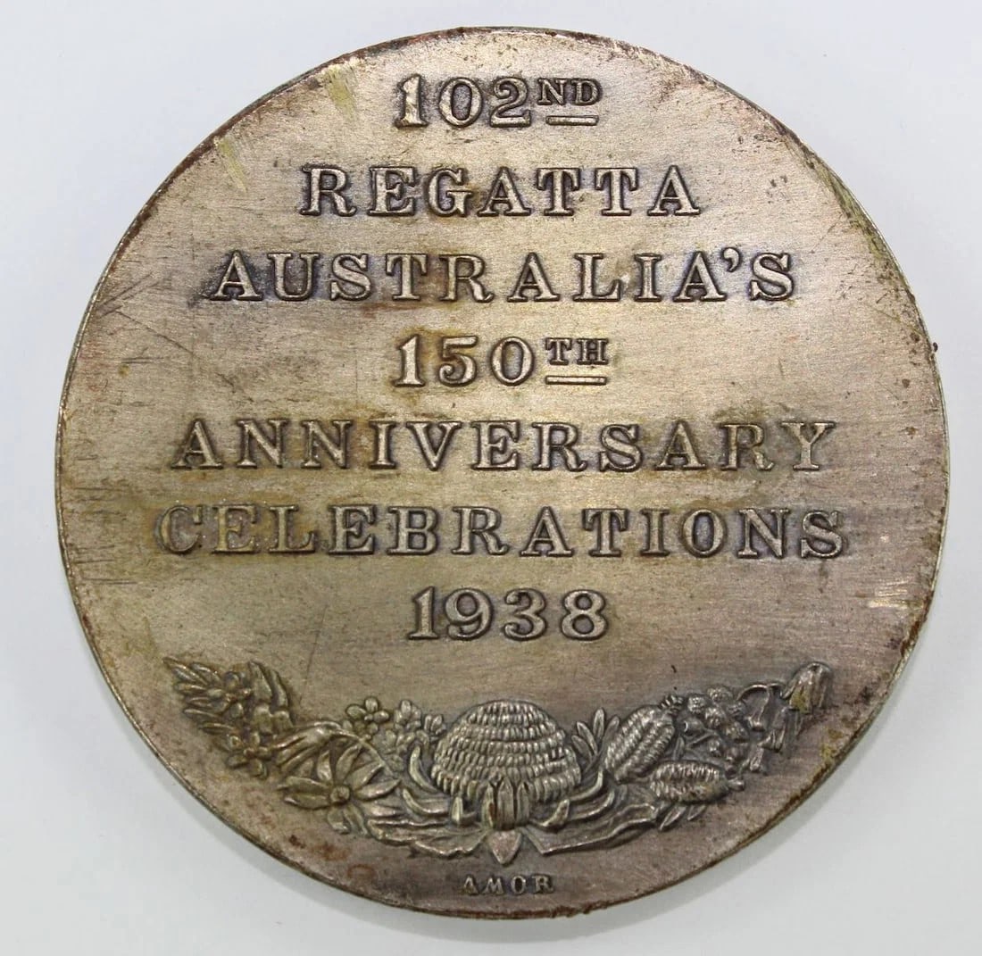 AUSTRALIA 1938 '102ND REGATTA' MEDAL IN SILVERED BRONZE, EXTREMELY FINE DETAILS (1 of 2)
