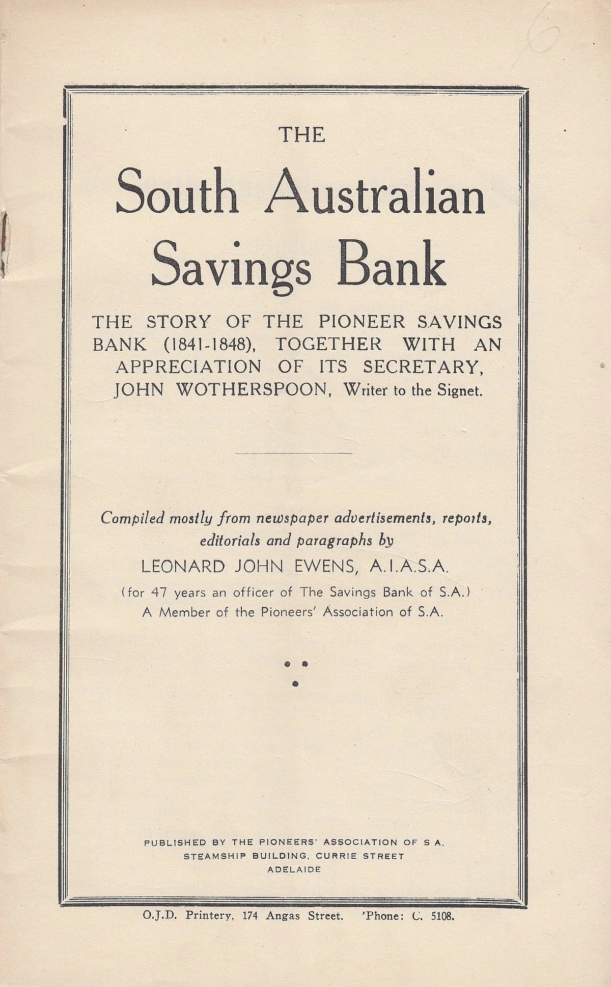 AUSTRALIA PRINTED HISTORY OF 'THE SOUTH AUSTRALIAN SAVINGS BANK': Australia Printed history of 'the South Australian Savings Bank'