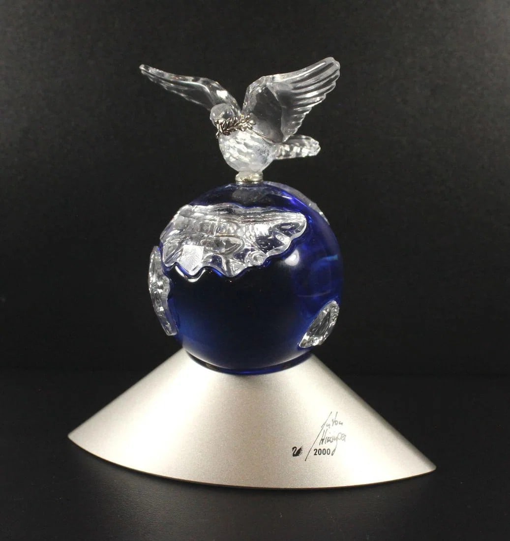 SWAROVSKI SILVER CRYSTAL 'DOVE OF PEACE' ATOP A SILVER & BLUE WORLD GLOBE (1 of 2)