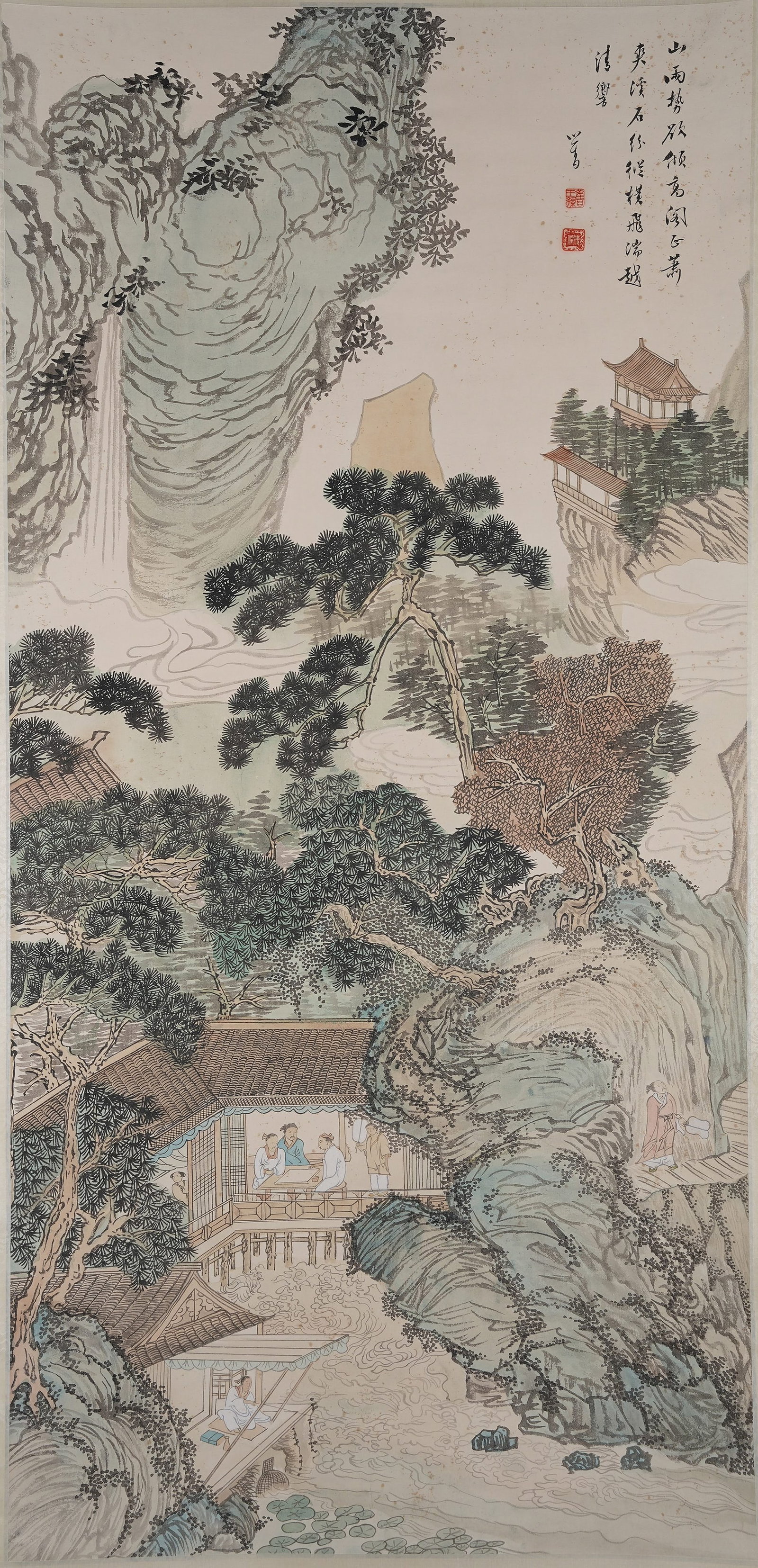 A PAVILION AND FIGURE PAINTING ON PAPER BY PU RU.溥儒 (1 of 9)