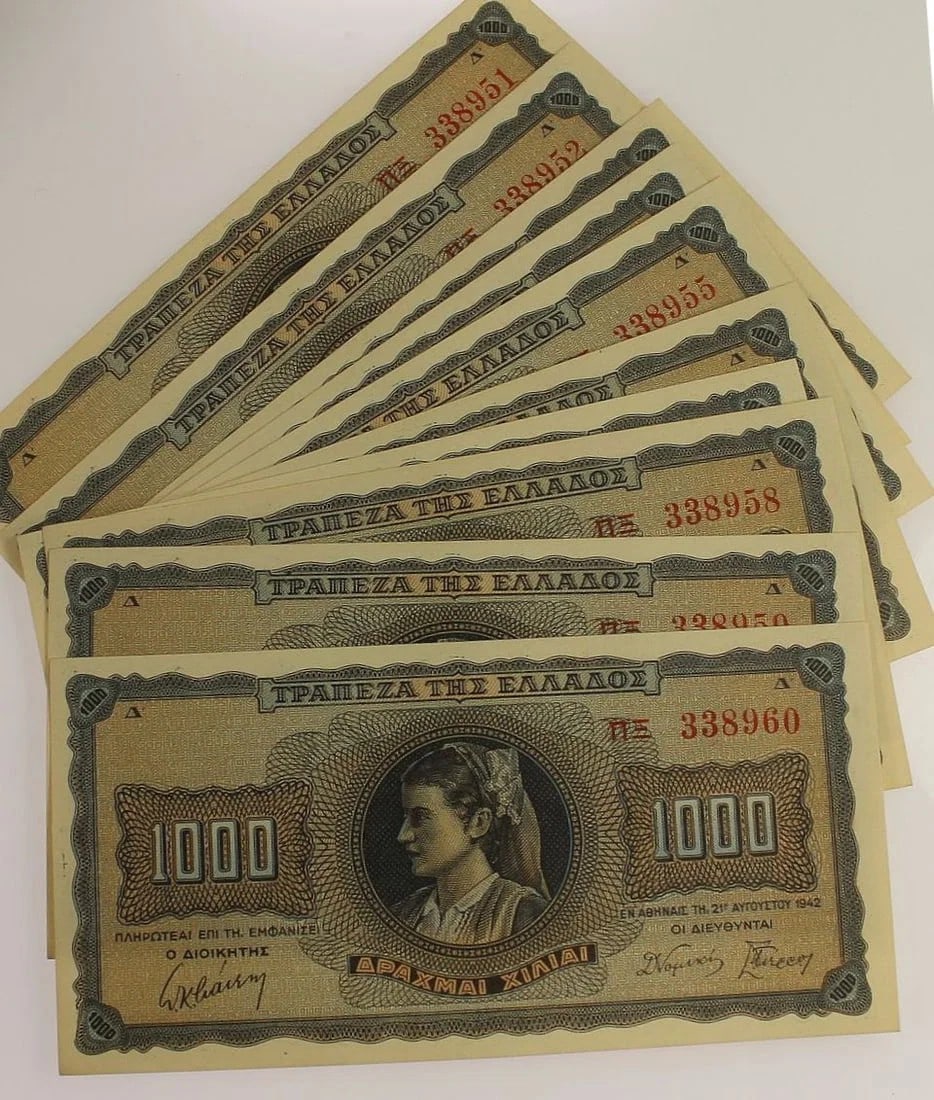 GREECE 21.8.1942 1000 DRACHMAI, UNCIRCULATED OPQ (CONSECUTIVE RUN OF 10): Greece 21.8.1942 1000 Drachmai, Uncirculated OPQ (Consecutive Run of 10)